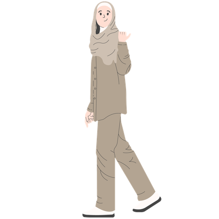 Woman in Modern Clothing and Abaya Hijab with Side Pose Pointing Back  Illustration