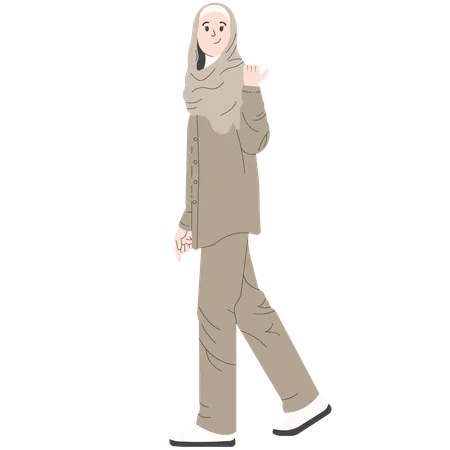Woman in Modern Clothing and Abaya Hijab with Side Pose Pointing Back  Illustration