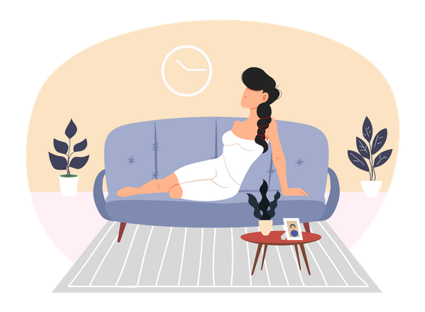 Woman in nightwear lies on sofa  Illustration
