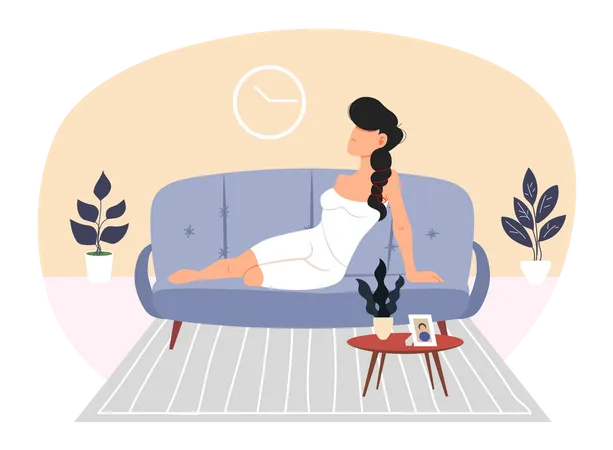 Woman in nightwear lies on sofa  Illustration