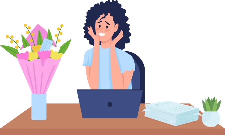 Woman in office surprised by flowers Illustration
