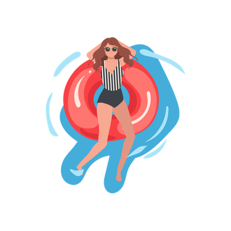 Woman in one piece striped swimsuit wearing sunglasses relaxing on red pool float in turquoise water  Illustration