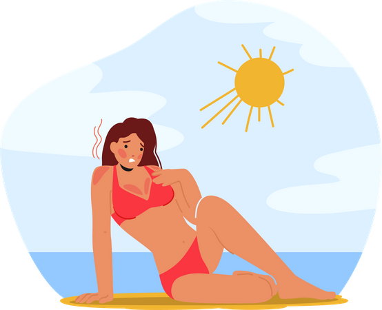 Woman In Pain With Skin Sunburn On Beach  Illustration