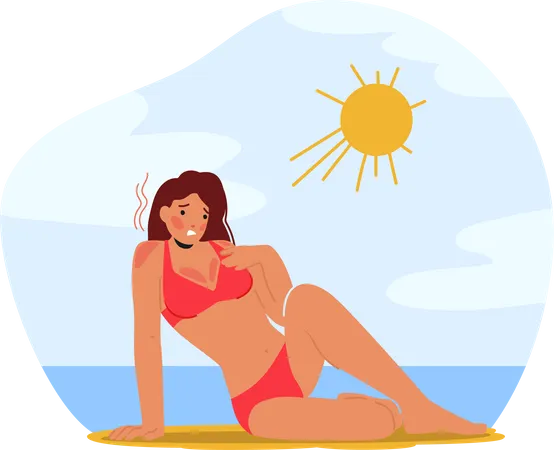 Woman In Pain With Skin Sunburn On Beach Female Character With Red And Irritated Skin With Blisters And Discomfort Due To Overexposure To The Suns Harmful Uv Rays Cartoon People Vector Illustration Illustration