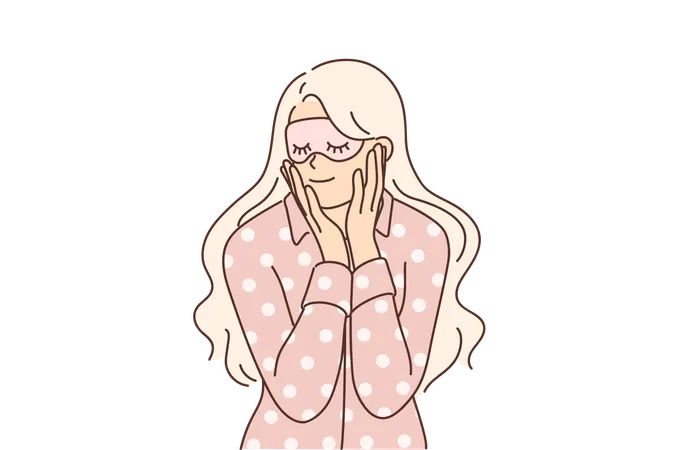 Woman In Pajamas And Sleep Mask Smiles Getting Ready For Night Rest After Hard Day Work Young Blonde Girl Dressed In Pajamas Applies Anti Wrinkle Cream On Face Before Going To Bed Illustration