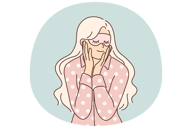 Woman in pajamas and sleep mask smiles getting ready for night rest after hard day work  Illustration