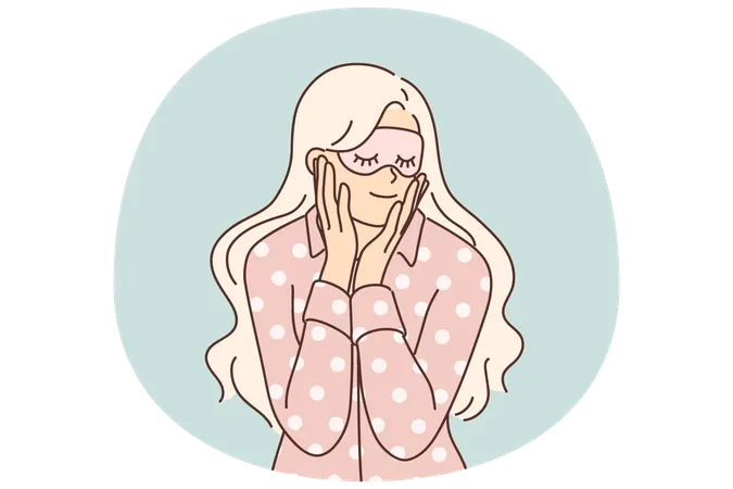 Woman in pajamas and sleep mask smiles getting ready for night rest after hard day work  Illustration