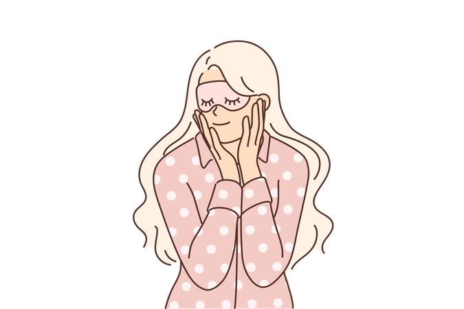 Woman in pajamas and sleep mask smiles getting ready for night rest after hard day work  일러스트레이션