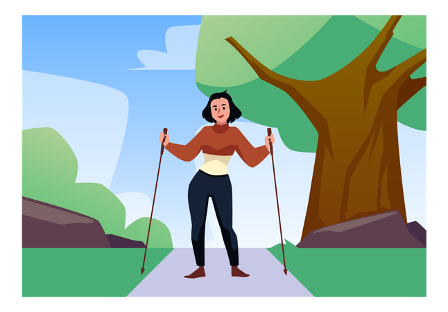 Woman in park on Nordic walking sport training  Illustration