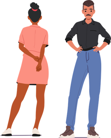 Woman In Pink Dress And Man In Black Shirt Standing Together In Different Positions  Illustration