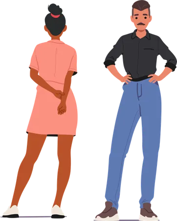 Woman In Pink Dress And Man In Black Shirt Standing Together In Different Positions  Illustration