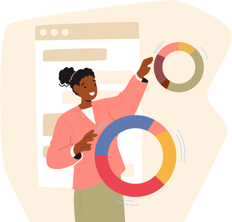 Woman In  Pink Jacket Interacts With Floating Pie Charts And Data Visualizations  Illustration