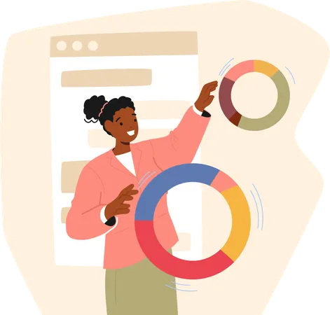 Woman In  Pink Jacket Interacts With Floating Pie Charts And Data Visualizations  Illustration