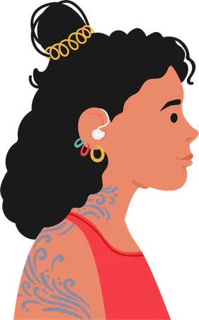 Woman In Profile View With Hearing Aid And Decorative Tattoos  Illustration