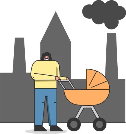Concept Of Environmental Protection Air Pollution Woman In Protective Face Mask Is Walking On Street With Pram Against Factory Pipes Emitting Smoke Cartoon Linear Outline Flat Vector Illustration 일러스트레이션