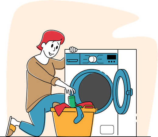 Woman in Public Laundry Laying Clean Clothes to Basket Illustration