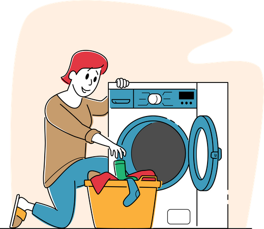 Woman in Public Laundry Laying Clean Clothes to Basket  Illustration