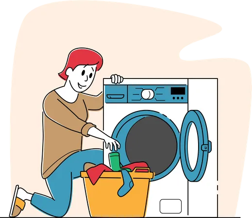 Woman in Public Laundry Laying Clean Clothes to Basket  Illustration