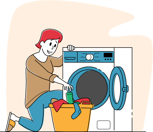 Woman in Public Laundry Laying Clean Clothes to Basket  일러스트레이션