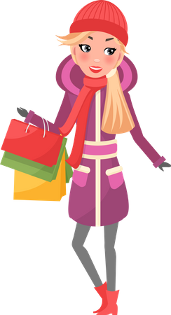 Woman in Purple Winter Coat with Packages in Hands  Illustration