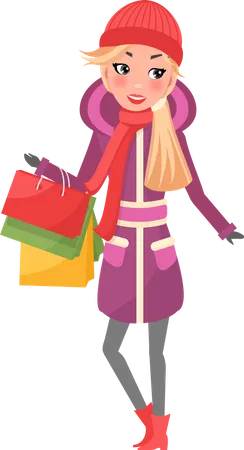 Woman In Purple Winter Coat With Packages In Hands Isolated Vector Female In Red Scarf And Hat With Shopping Bags Christmas Holidays Celebration Cartoon Style Illustration