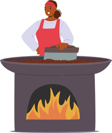 Woman In Red Apron Manually Roasting Coffee Beans Over Large Traditional Oven  Illustration