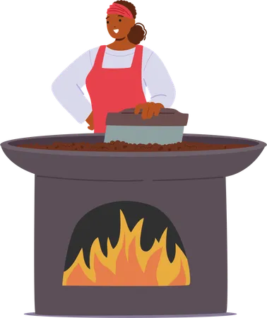 Woman In Red Apron Manually Roasting Coffee Beans Over Large Traditional Oven  Illustration