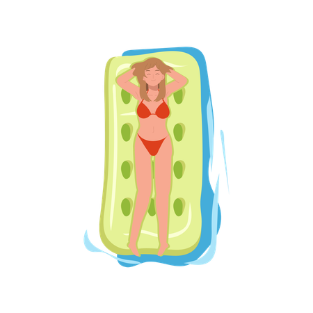 Woman in red bikini lying on green inflatable mattress in blue pool water  Illustration