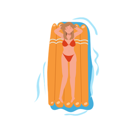Woman in red bikini relaxing on orange inflatable mattress floating in swimming pool  Illustration