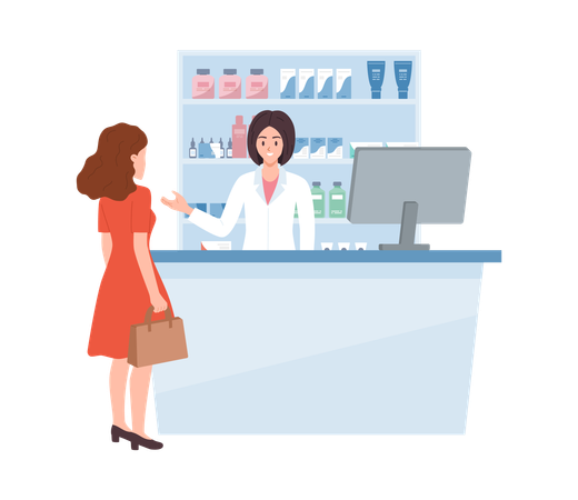 Woman in red dress consults with pharmacist  Illustration