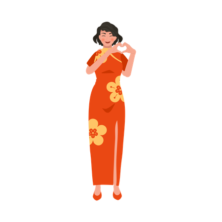 Woman in red dress with heart hand gesture  イラスト