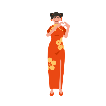 Woman in red dress with heart hand gesture  Illustration