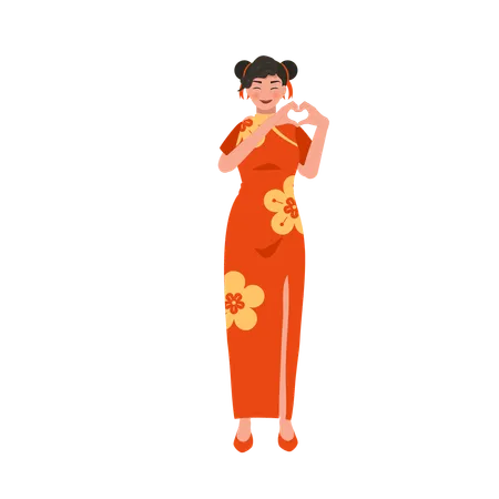 Festive Chinese New Year Concept Smiling Woman In Red Dress With Symbolic Heart Hand Gesture Illustration