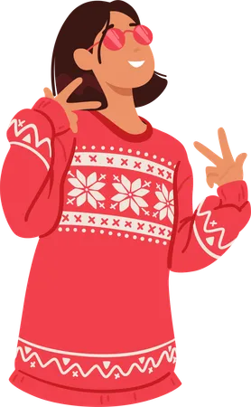 Woman In Red Festive Christmas Sweater Adorned With Vibrant Holiday Patterns And Colors Confident Female Character Posing Radiates Seasonal Cheer And Warmth Cartoon People Vector Illustration Illustration