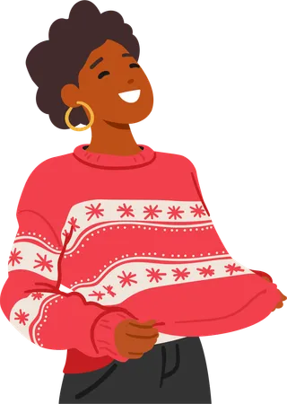Woman In Red Festive Christmas Sweater Adorned With Vibrant Snowflake Patterns And Joyful Smile Adds A Touch Of Holiday Cheer To The Season Happy Female Character Cartoon People Vector Illustration Illustration