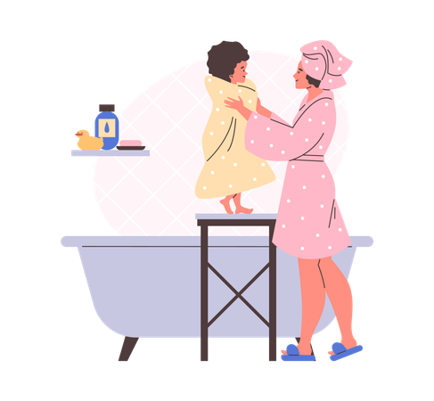 Woman in robe lifts child wrapped in towel next to bathtub  Illustration