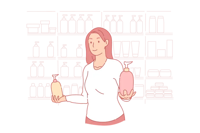 Shopping Beauty Shop Advertising Service Concept Young Woman Assistant Businesswoman In Salon Offers Care Products Satisfied With Smile Teen Girl Chose Shopping At Mall Flat Simple Vector Illustration