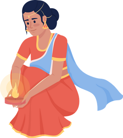 Woman in saree holding diya  Illustration