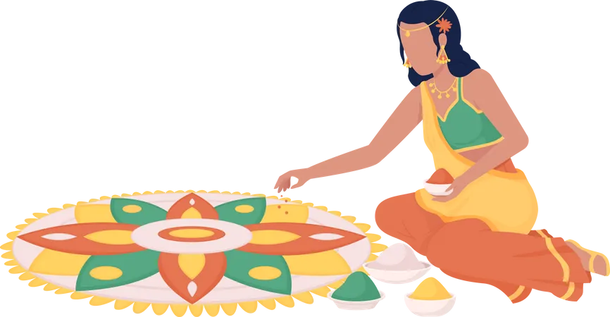 Woman in saree making rangoli pattern Illustration