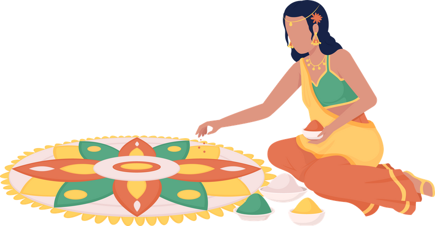 Woman in saree making rangoli pattern  Illustration