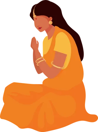 Woman In Sari Praying Semi Flat Color Vector Character Sitting Figure Full Body Person On White Spirituality Isolated Modern Cartoon Style Illustration For Graphic Design And Animation Illustration