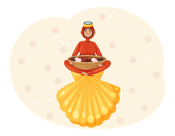 Woman in scuba suit holds seafood, national dish  Illustration