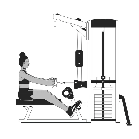 Woman In Starting Position On Seated Row Machine Flat Line Black White Vector Character Editable Outline Full Body Person Upper Arm Muscles Simple Cartoon Isolated Spot Illustration For Web Design Illustration