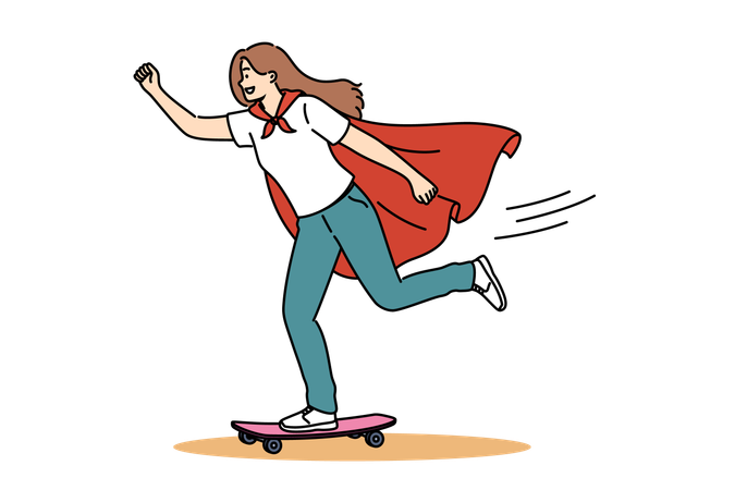 Woman in superhero cape uses skateboard to move around city and reach people in need of help  イラスト
