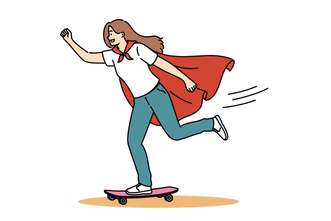 Woman In Superhero Cape Uses Skateboard To Move Around City And Reach People In Need Of Help Girl Feels Like Hero With Superpowers When Using Skateboard To Go To University Or Work Illustration