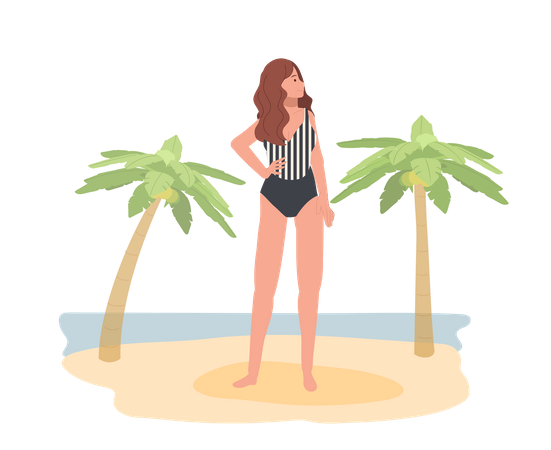 Woman In Swim Suit On The Beach Illustration