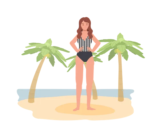 Woman In Swim Suit On The Beach  Illustration