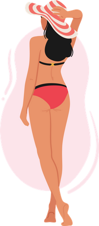 Woman In Swimsuit and Hat Standing On Beach  Illustration