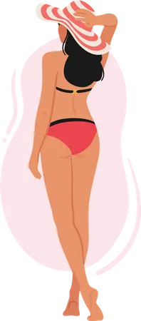 Woman In Swimsuit and Hat Standing On Beach  Illustration