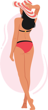 Woman In Swimsuit and Hat Standing On Beach  Illustration